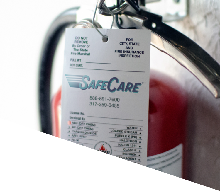 Fire extinguisher with SafeCare inspection tag
